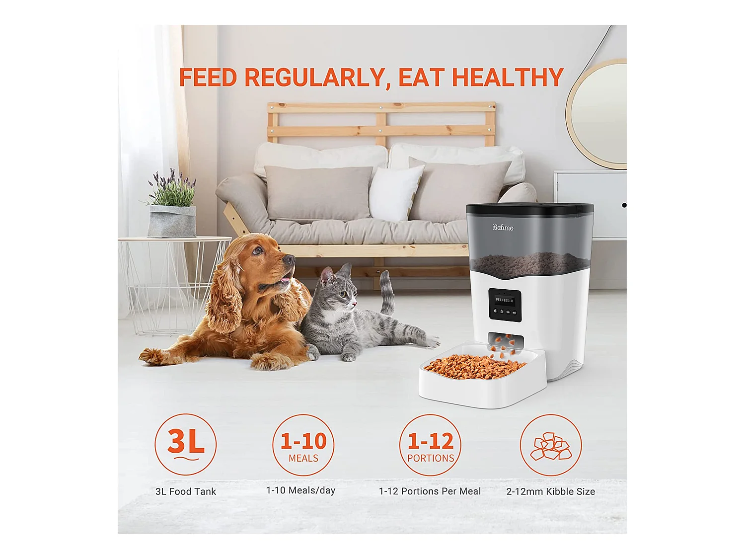 3L WIFI Katzen-/Hundefutterspender, LCD-Handy-Fernbedienung, Netzteil/Batterie, 10 Mahlzeiten pro Tag - APP-Steuerung, Schwarz