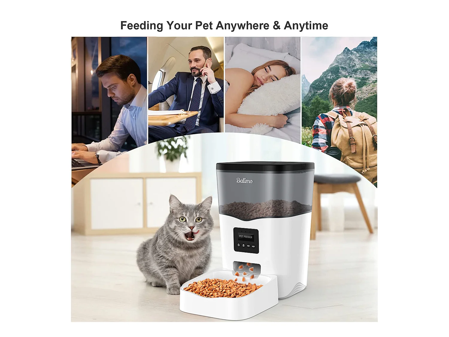 3L WIFI Katzen-/Hundefutterspender, LCD-Handy-Fernbedienung, Netzteil/Batterie, 10 Mahlzeiten pro Tag - APP-Steuerung, Schwarz