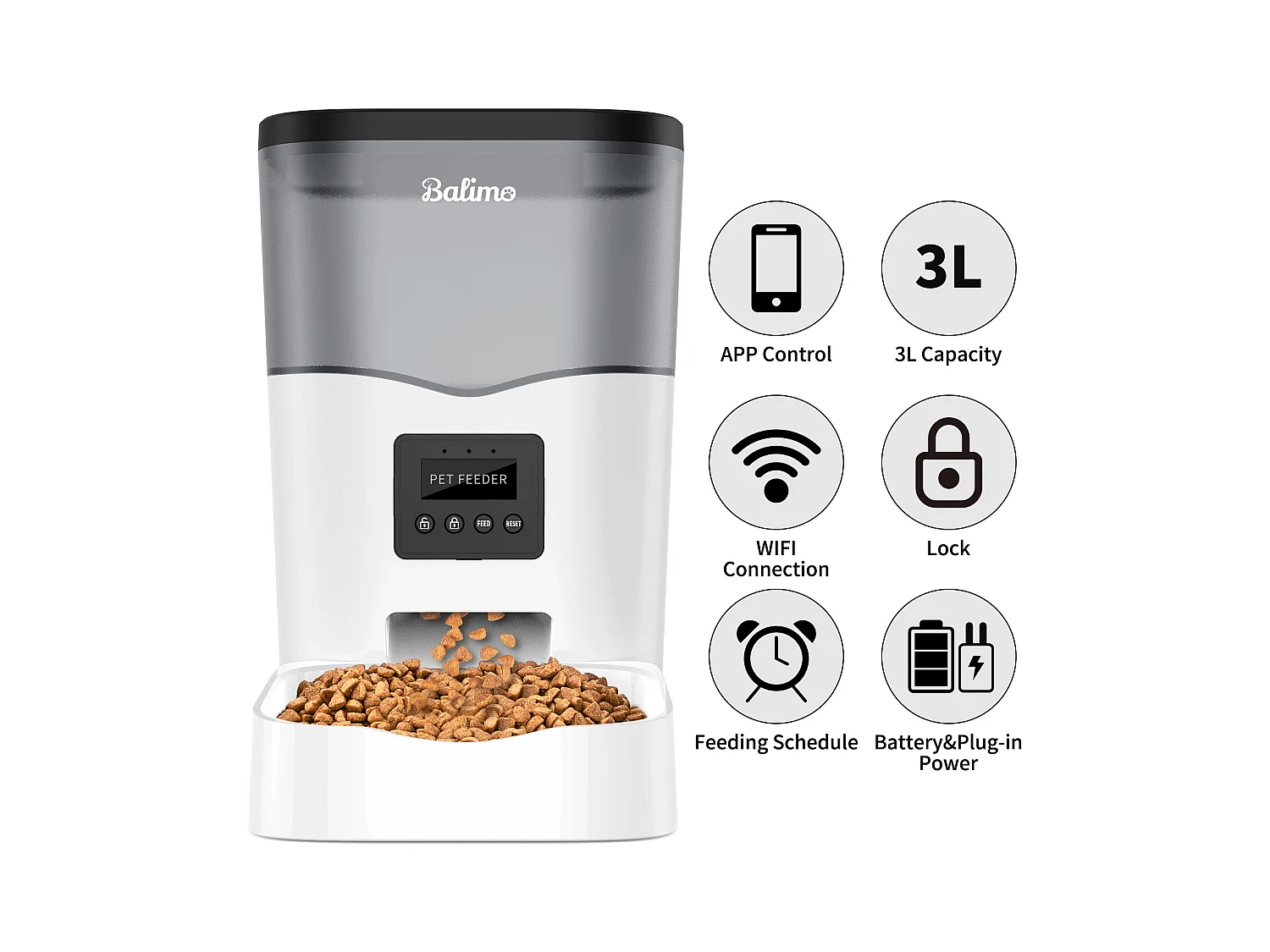 3L WIFI Katzen-/Hundefutterspender, LCD-Handy-Fernbedienung, Netzteil/Batterie, 10 Mahlzeiten pro Tag - APP-Steuerung, Schwarz