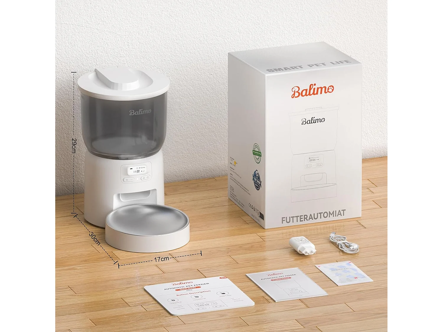 Balimo Dick 3L Automatische Kattenvoerbak, Programmeerbare Timer/Opnamefunctie, Met Roestvrijstalen Kom,Tot 6 Maaltijden/Dag (Wit)