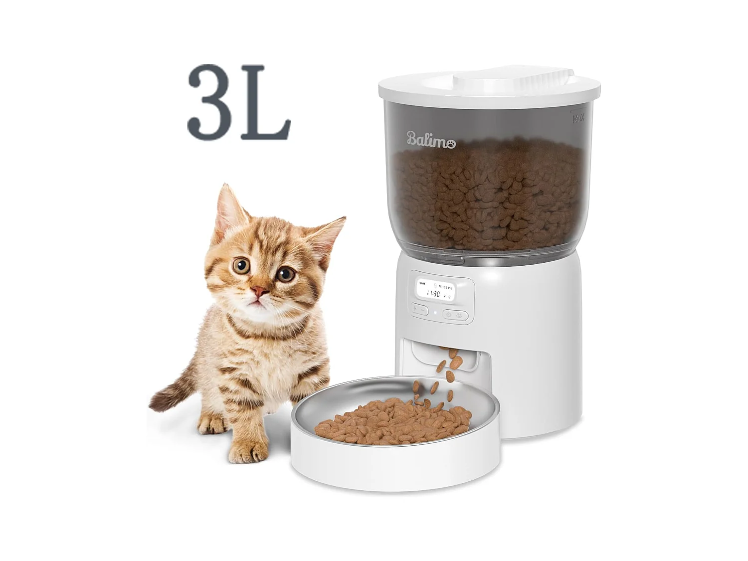 Balimo Dick 3L Distributeur Croquettes Chat Automatique,Minuterie Programmable/Fonction Enregistrement,avec Bol en Inox,Jusqu'à 6 Repas/Jour (Blanc)