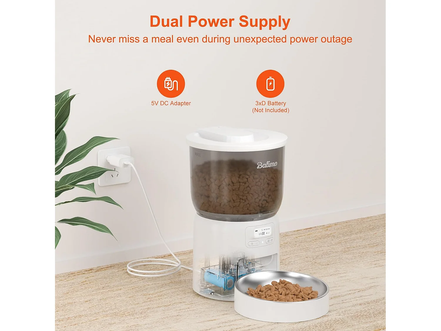 Balimo Dick 3L Distributeur Croquettes Chat Automatique,Minuterie Programmable/Fonction Enregistrement,avec Bol en Inox,Jusqu'à 6 Repas/Jour (Blanc)