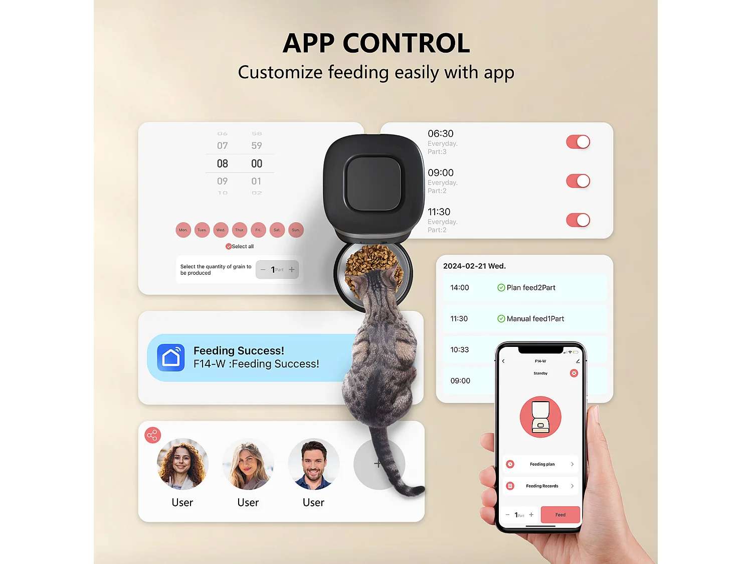 Dispenser automatico di cibo per gatti WiFi da 3 litri - Alimentatore automatico nero per cani e gatti - 10 pasti al giorno - Registrazione vocale 10 secondi