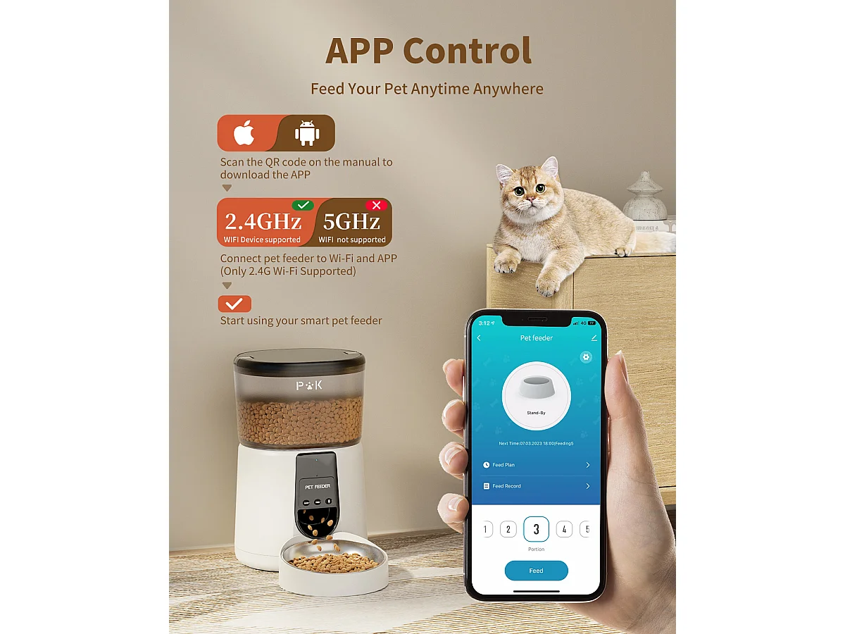WiFi Automatischer Katzenfutterspender mit App, 4L 2,4G WiFi Katzen- und Hundefutterspender, APP-Steuerung, mit Edelstahlnapf