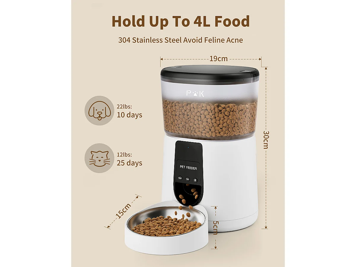 WiFi Automatischer Katzenfutterspender mit App, 4L 2,4G WiFi Katzen- und Hundefutterspender, APP-Steuerung, mit Edelstahlnapf