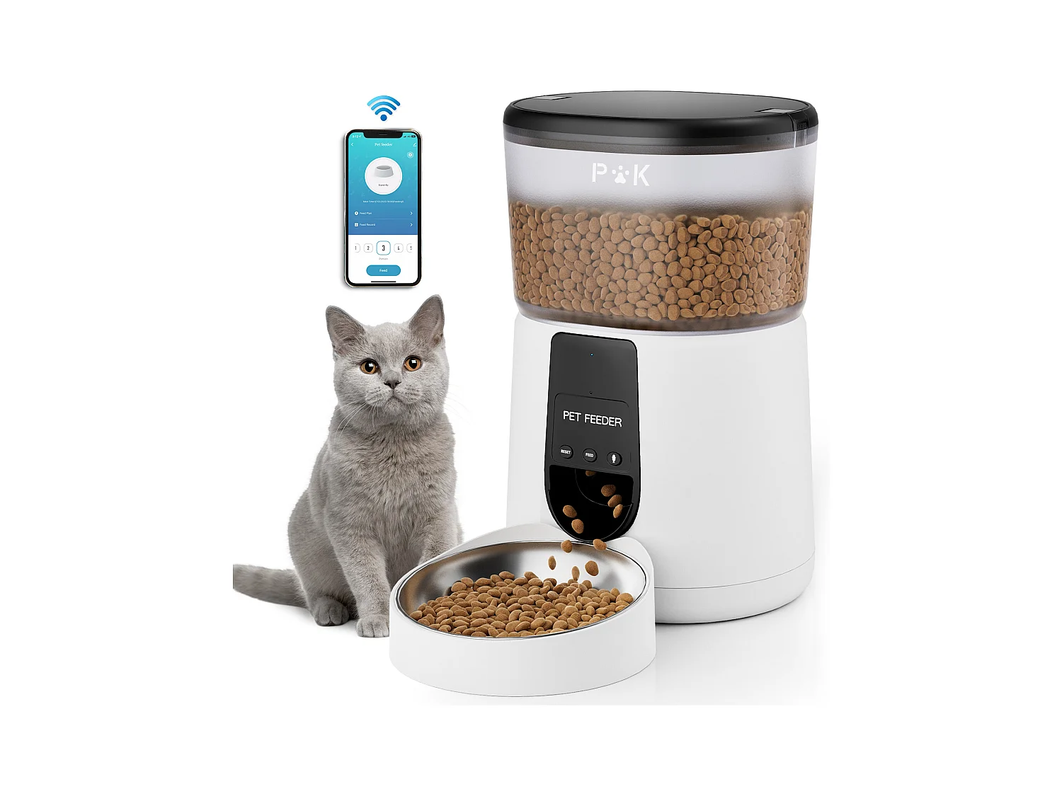 WiFi Distributeur Croquettes Chat Automatique avec App 4L 2,4G WiFi Distributeur Croquettes Chat et Chiens, APP Contrôle, avec Bol en Acier Inoxydable