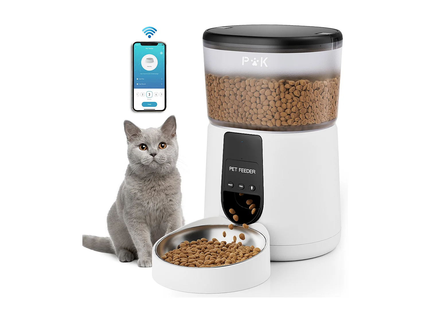 WiFi Distributeur Croquettes Chat Automatique avec App 4L 2,4G WiFi Distributeur Croquettes Chat et Chiens, APP Contrôle, avec Bol en Acier Inoxydable