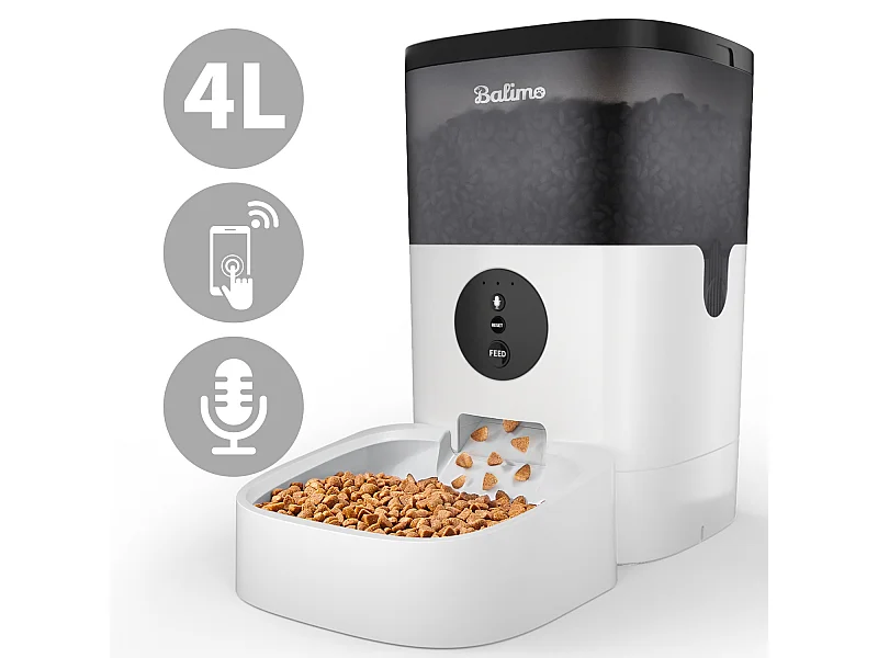 Balimo 4L WIFI Katzen-/Hundefutterspender APP-Steuerung LCD, 2,4G WiFi | 10s Aufnahmefunktion Programmierbar 10 Mahlzeiten pro Tag Schwarz