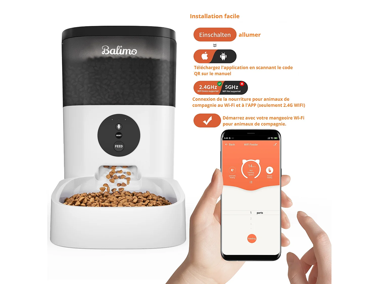 Balimo 4L WIFI Katzen-/Hundefutterspender APP-Steuerung LCD, 2,4G WiFi | 10s Aufnahmefunktion Programmierbar 10 Mahlzeiten pro Tag Schwarz