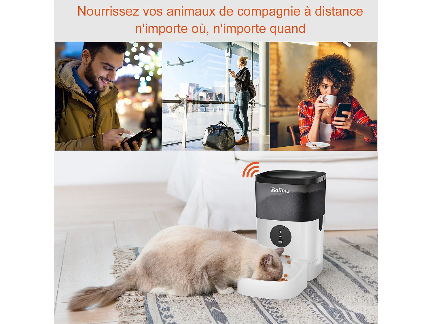 Balimo  4L  WIFI Distributeur Croquettes Chats/Chiens  APP Contrôle LCD,WiFi 2.4G | Fonction d'enregistrement 10s Programmable 10 Repas par Jour Noir