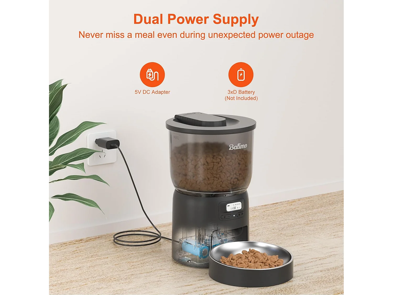 Balimo Futterspender für Katzen/Hunde, 3 l, schwarz, programmierbarer Timer/Aufnahmefunktion, mit Edelstahlnapf, bis zu 6 Mahlzeiten/Tag