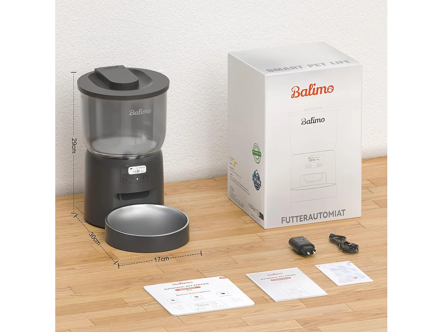 Balimo Futterspender für Katzen/Hunde, 3 l, schwarz, programmierbarer Timer/Aufnahmefunktion, mit Edelstahlnapf, bis zu 6 Mahlzeiten/Tag