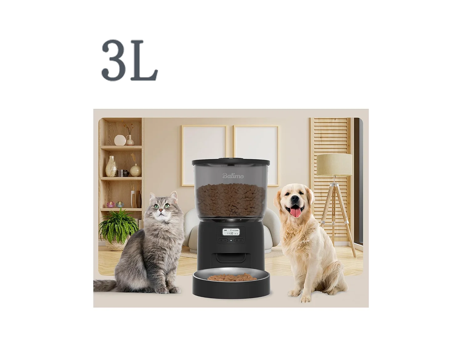 Balimo 3L Distributeur de Croquettes Noir pour Chat/Chien, ,Minuterie Programmable/Fonction Enregistrement,avec Bol en Inox,Jusqu'à 6 Repas/Jour