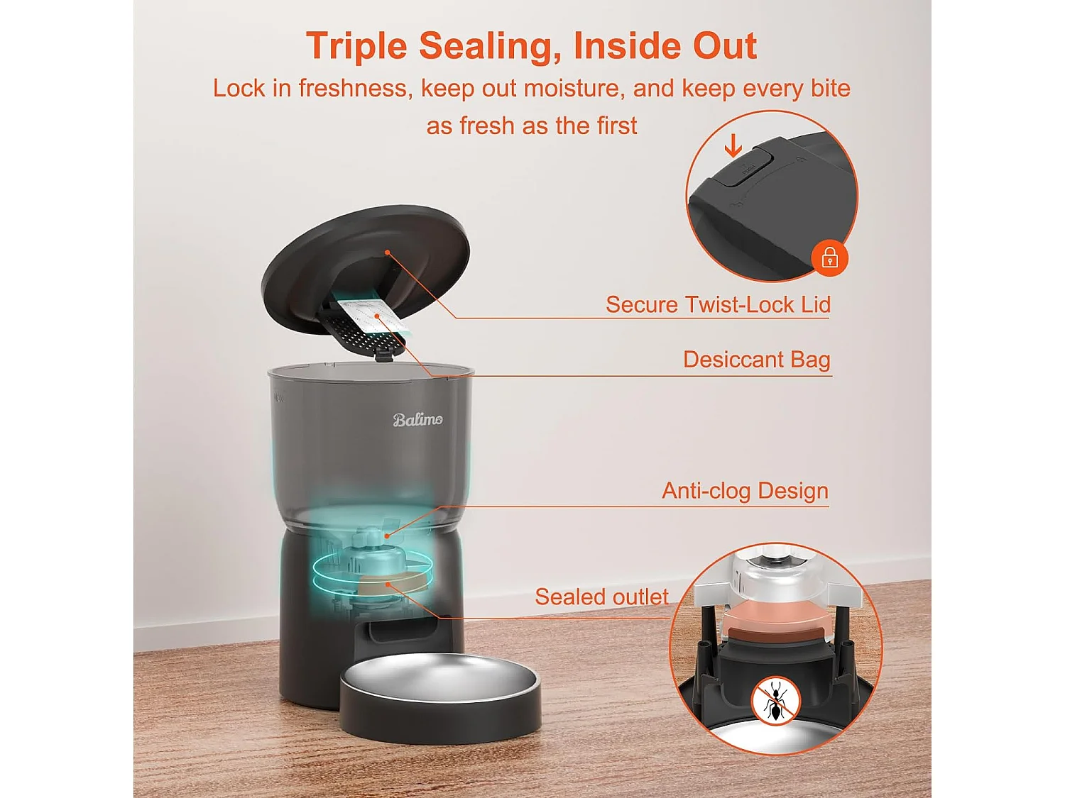 Balimo 3L Distributeur de Croquettes Noir pour Chat/Chien, ,Minuterie Programmable/Fonction Enregistrement,avec Bol en Inox,Jusqu'à 6 Repas/Jour