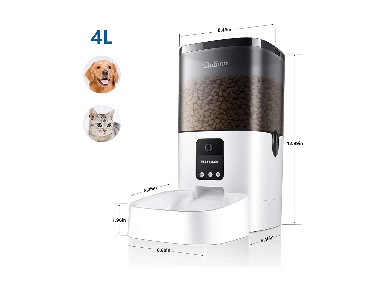 Balimo Dispensador Automático de Comida para Gatos/Perros 4L con Webcam WiFi 2.4G, con Control APP, Cámara HD 1080p, Grabación de Voz