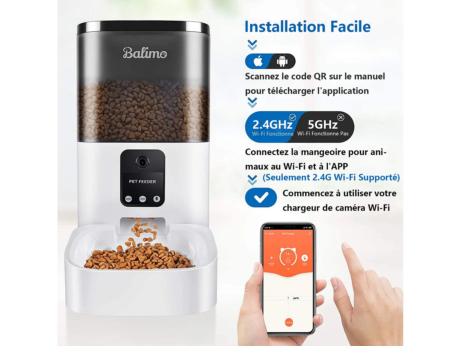 Balimo Dispensador Automático de Comida para Gatos/Perros 4L con Webcam WiFi 2.4G, con Control APP, Cámara HD 1080p, Grabación de Voz