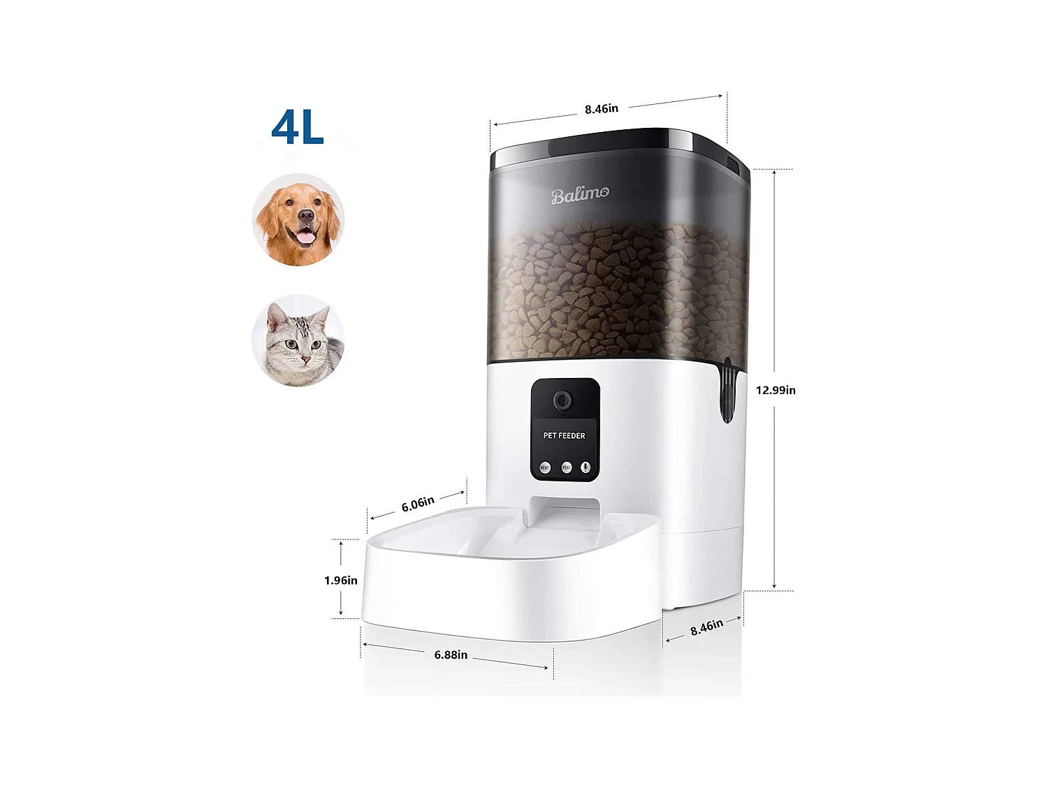 Balimo Distributeur de Croquettes Automatique 4L pour Chats/Chiens avec Webcam WiFi 2.4G,avec Contrôle APP, Caméra HD 1080p,​Enregistrement Vocal