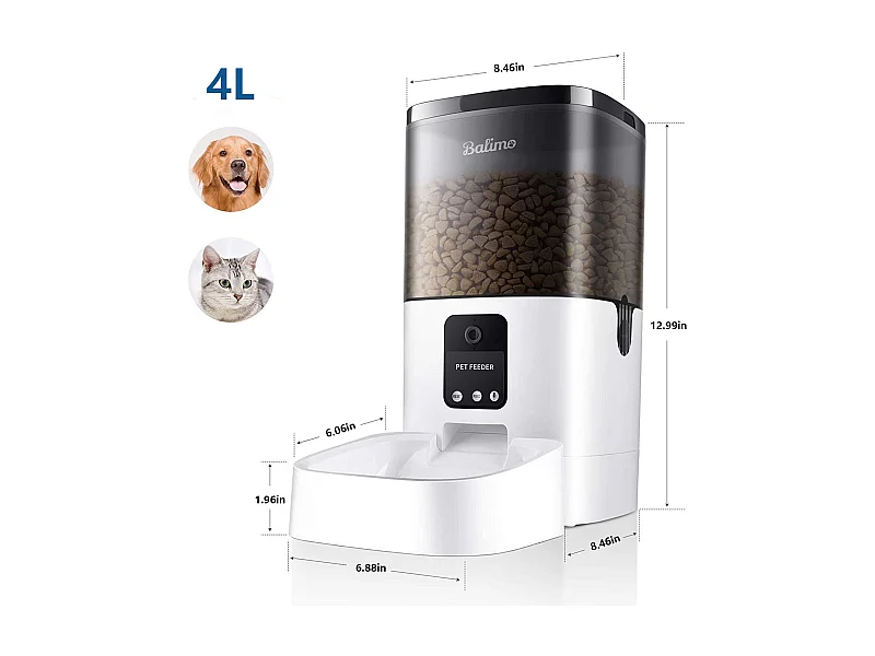 Balimo Distributeur de Croquettes Automatique 4L pour Chats/Chiens avec Webcam WiFi 2.4G,avec Contrôle APP, Caméra HD 1080p,​Enregistrement Vocal