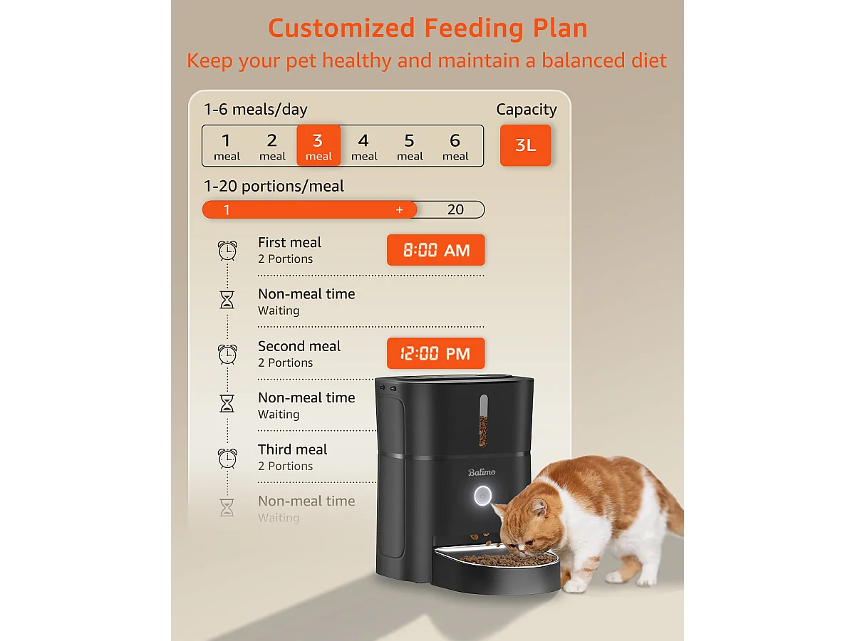 3L Distributeur de Croquettes pour Chat et Chien Noir Distributeur Automatique de Nourriture avec Bol en Acier Inoxydable 6 Repas par Jour