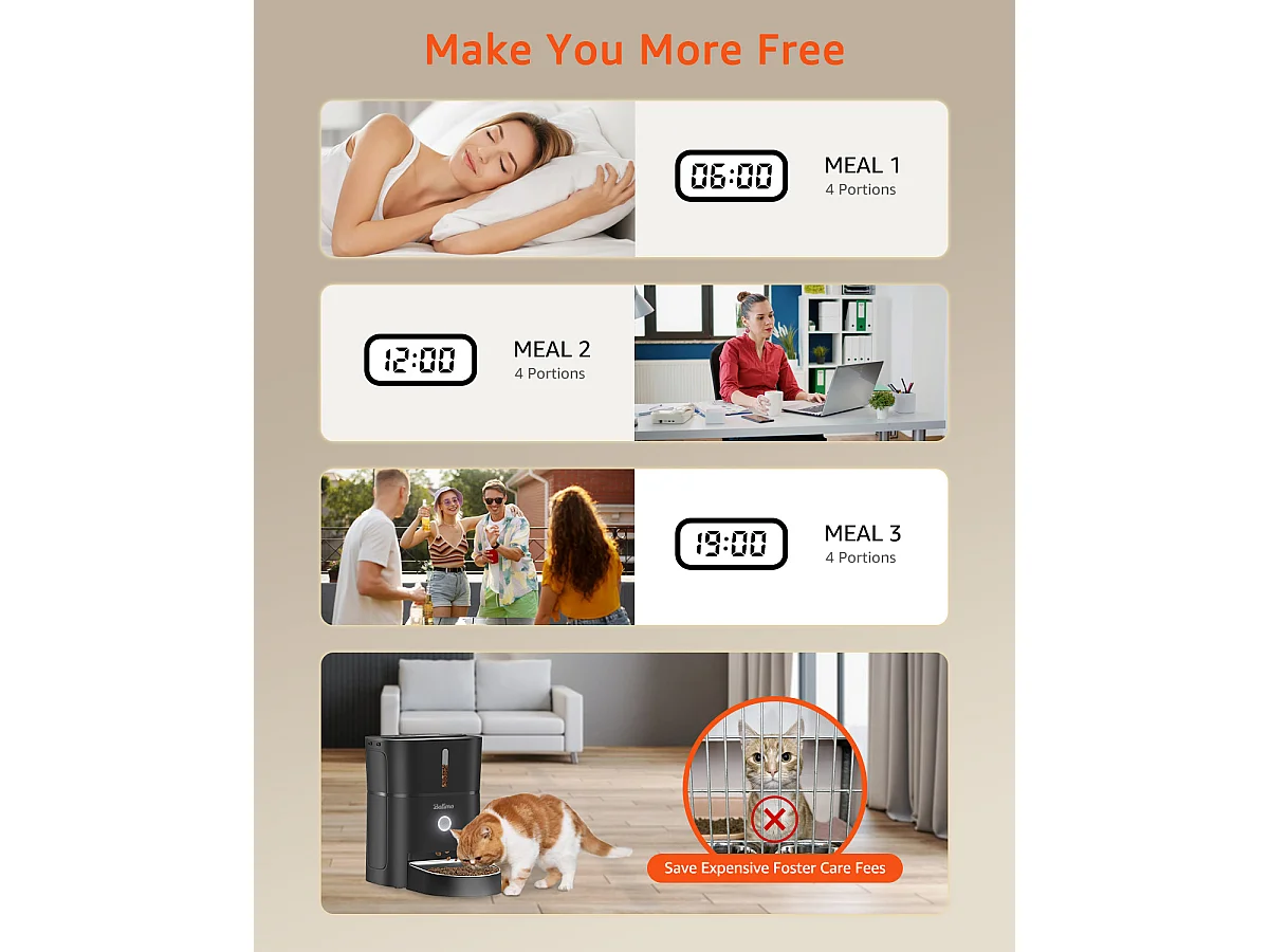 3L Distributeur de Croquettes pour Chat et Chien Noir Distributeur Automatique de Nourriture avec Bol en Acier Inoxydable 6 Repas par Jour