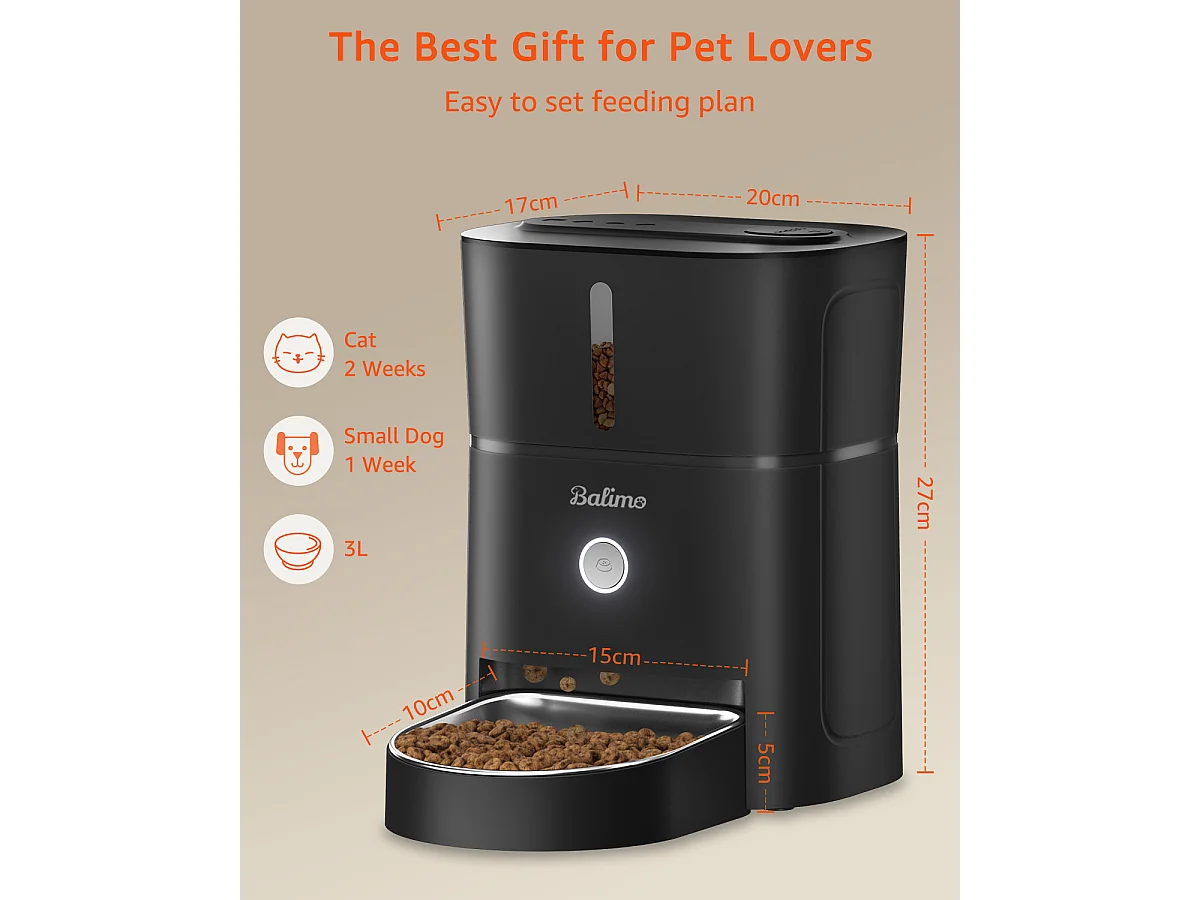 3L Distributeur de Croquettes pour Chat et Chien Noir Distributeur Automatique de Nourriture avec Bol en Acier Inoxydable 6 Repas par Jour