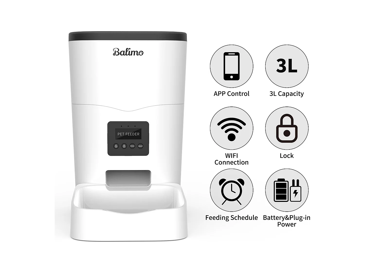 Balimo 3L WIFI Distributeur Croquettes Chats/Chiens Télécommande téléphone portable LCD Distributeur Automatique Nourriture Adaptateur​-APP Contrôle