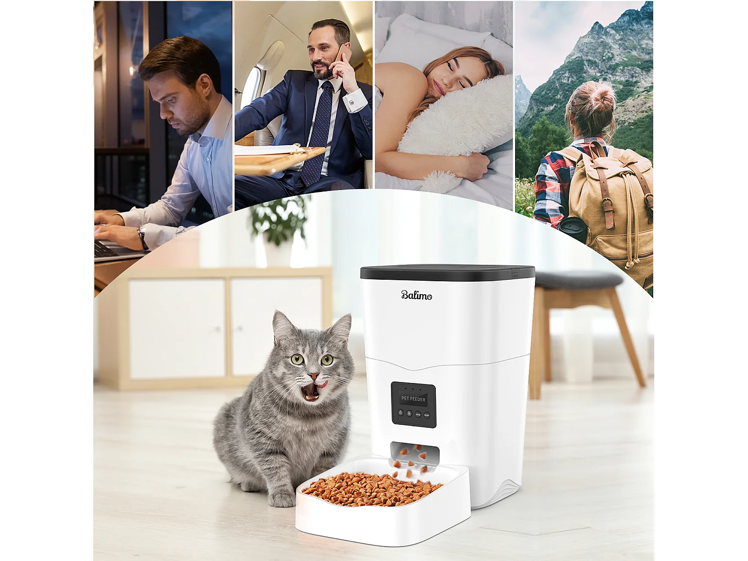 Balimo 3L WIFI Distributeur Croquettes Chats/Chiens Télécommande téléphone portable LCD Distributeur Automatique Nourriture Adaptateur​-APP Contrôle