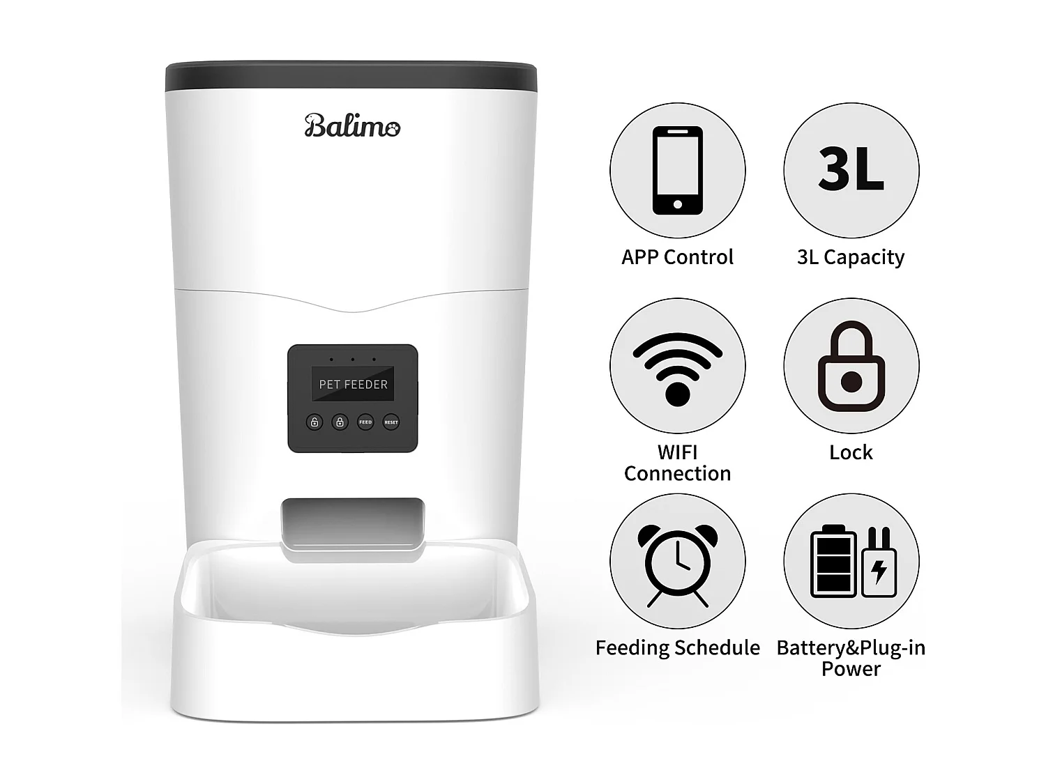 Balimo 3L WIFI Distributeur Croquettes Chats/Chiens Télécommande téléphone portable LCD Distributeur Automatique Nourriture Adaptateur​-APP Contrôle