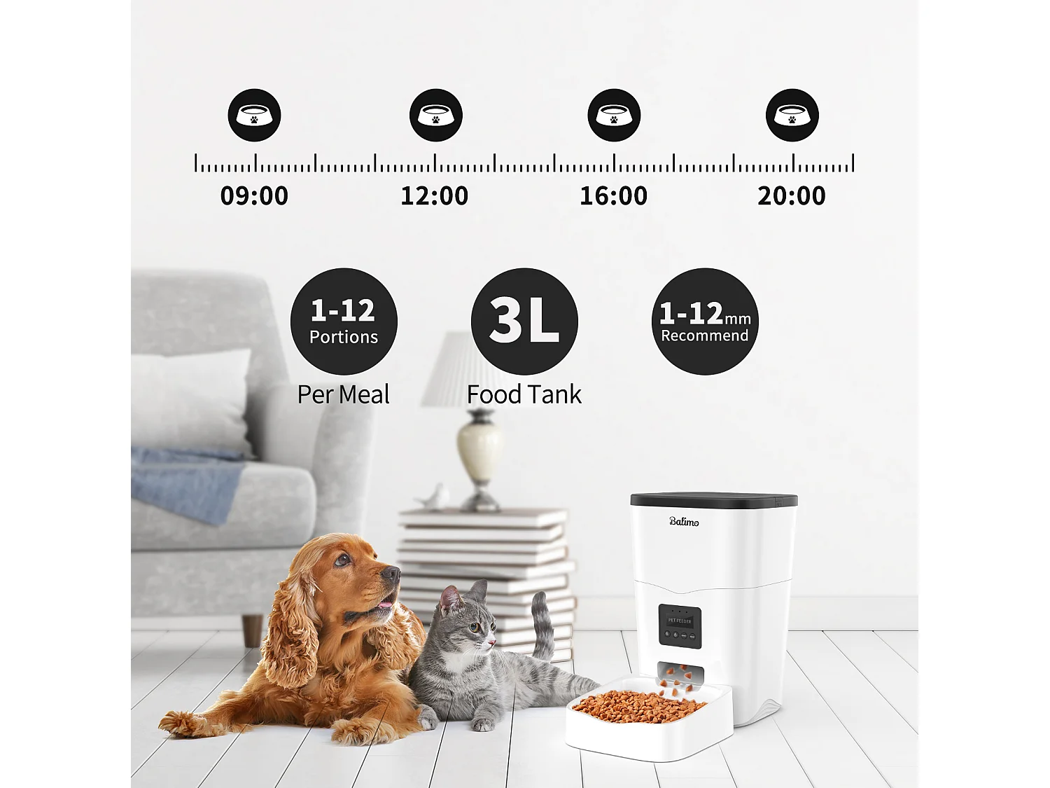Balimo 3L WIFI Distributeur Croquettes Chats/Chiens Télécommande téléphone portable LCD Distributeur Automatique Nourriture Adaptateur​-APP Contrôle