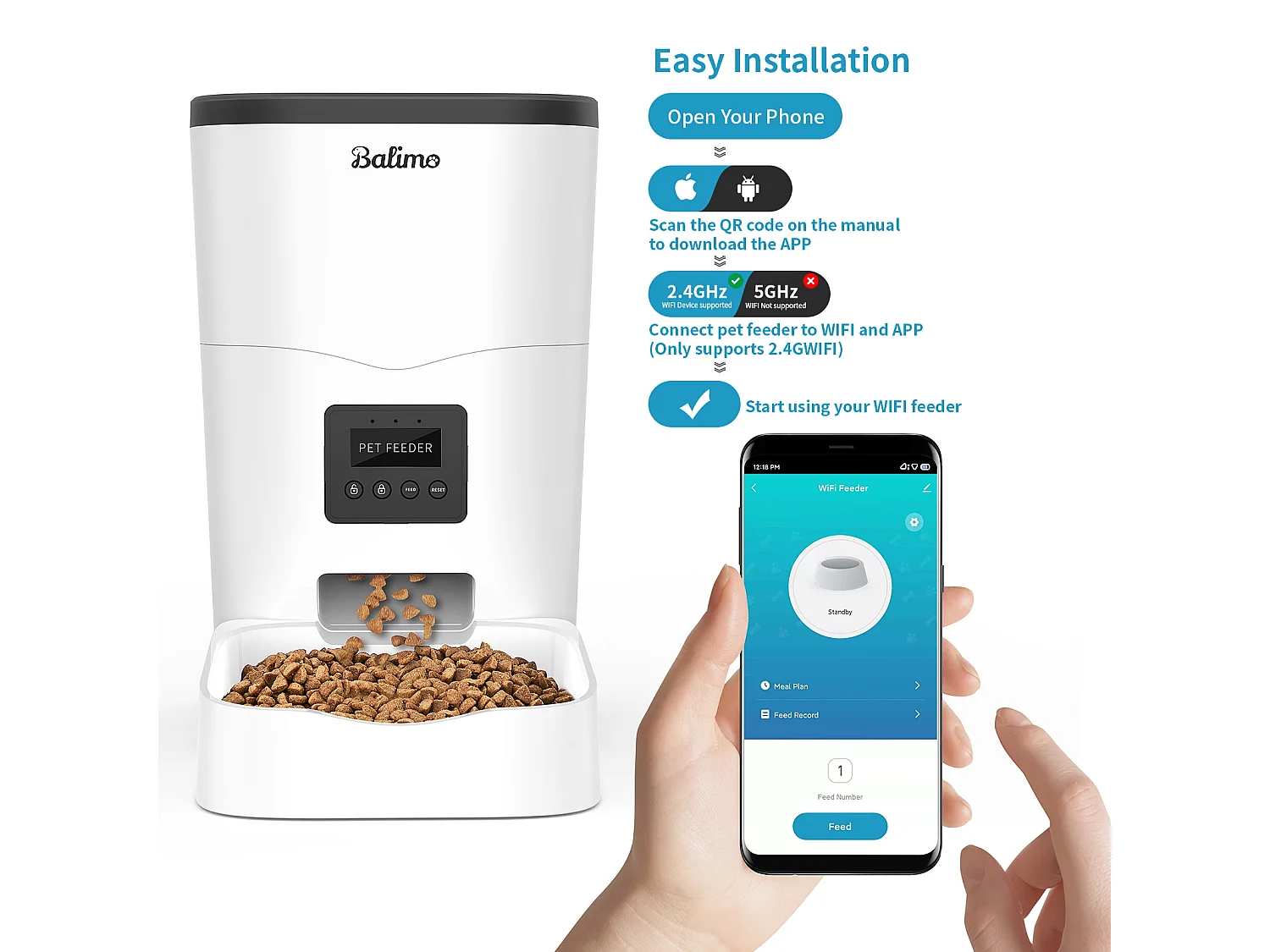 Balimo 3L WIFI Distributeur Croquettes Chats/Chiens Télécommande téléphone portable LCD Distributeur Automatique Nourriture Adaptateur​-APP Contrôle