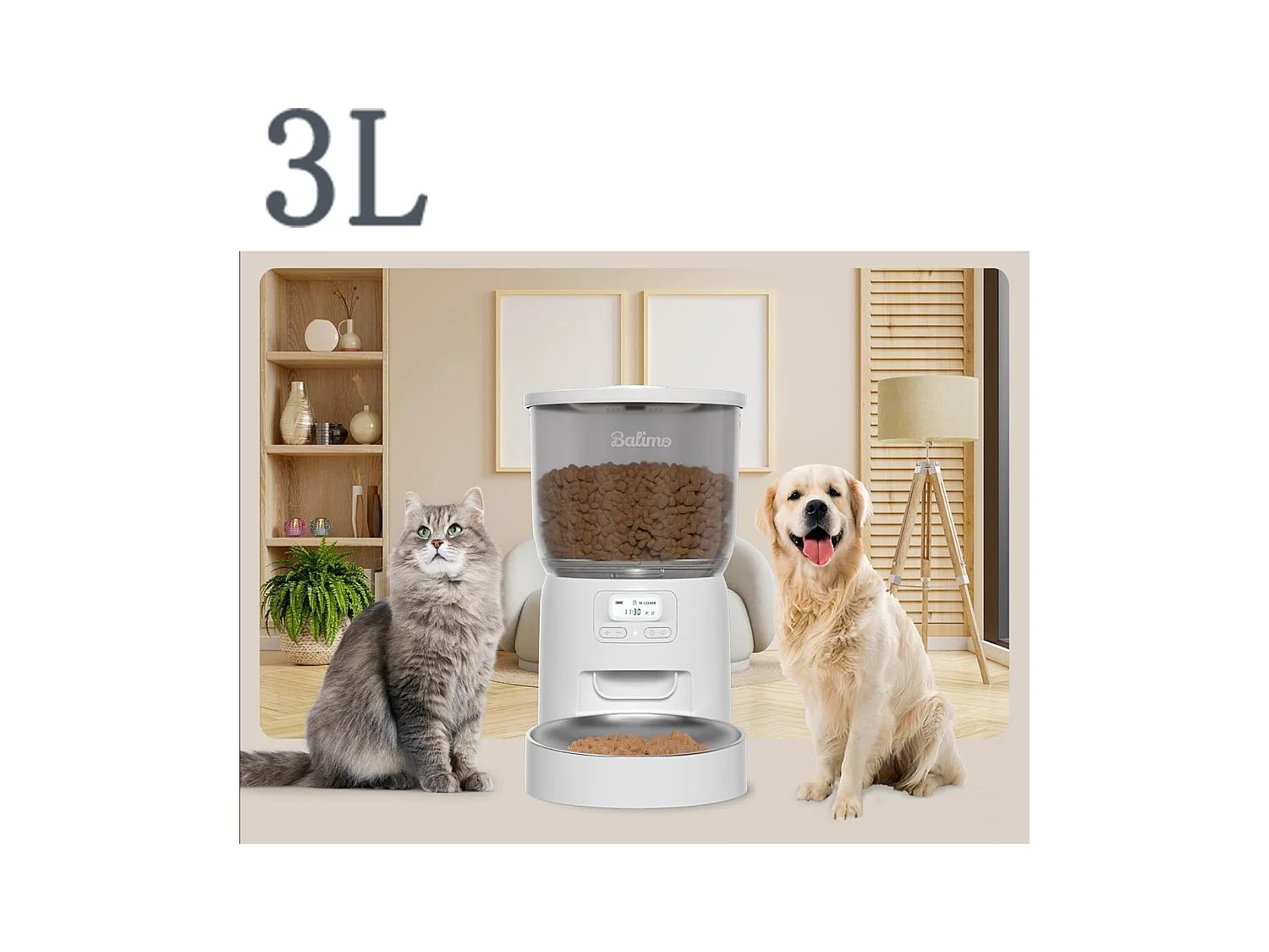 Balimo 3L Witte Kroketten Dispenser voor Kat/Hond, ,Pro TimerGrammable/Opnamefunctie,met RVS Kom,Tot 6 Maaltijden/Dag