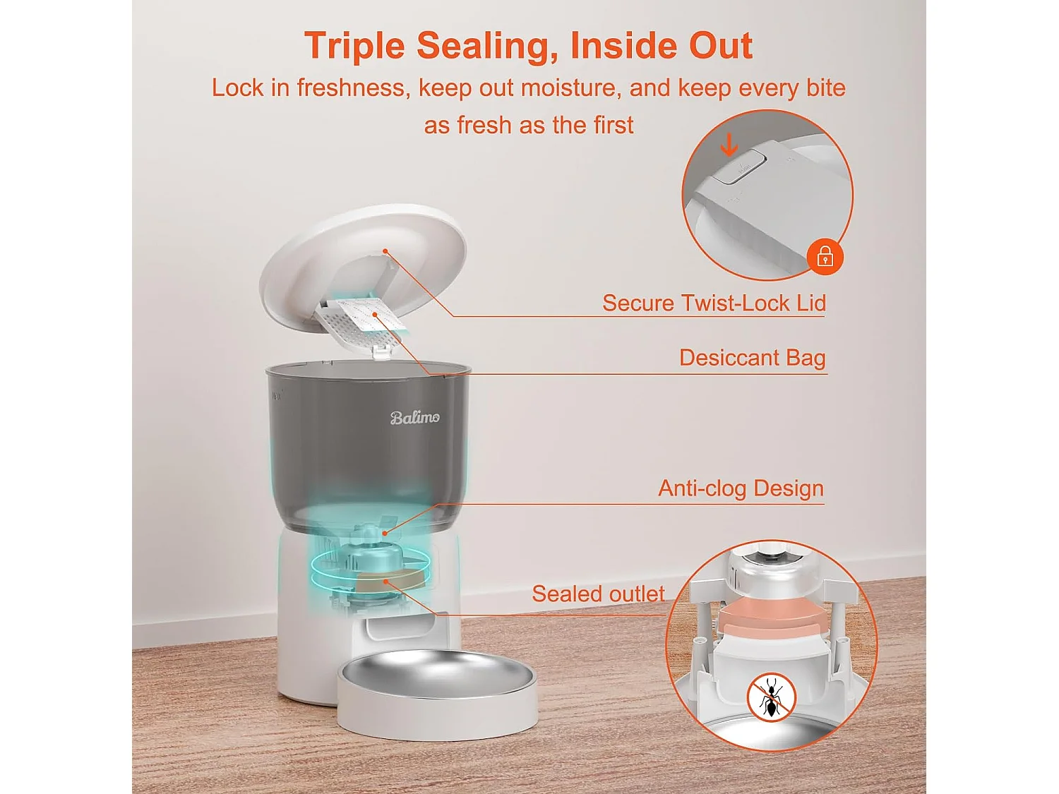 Balimo 3L Dispensador Croquetas Blanca para Gato/ChieN, Temporizador Programable/Función de Grabación,con Bol de Acero Inoxidable,Hasta 6 Comidas/Día