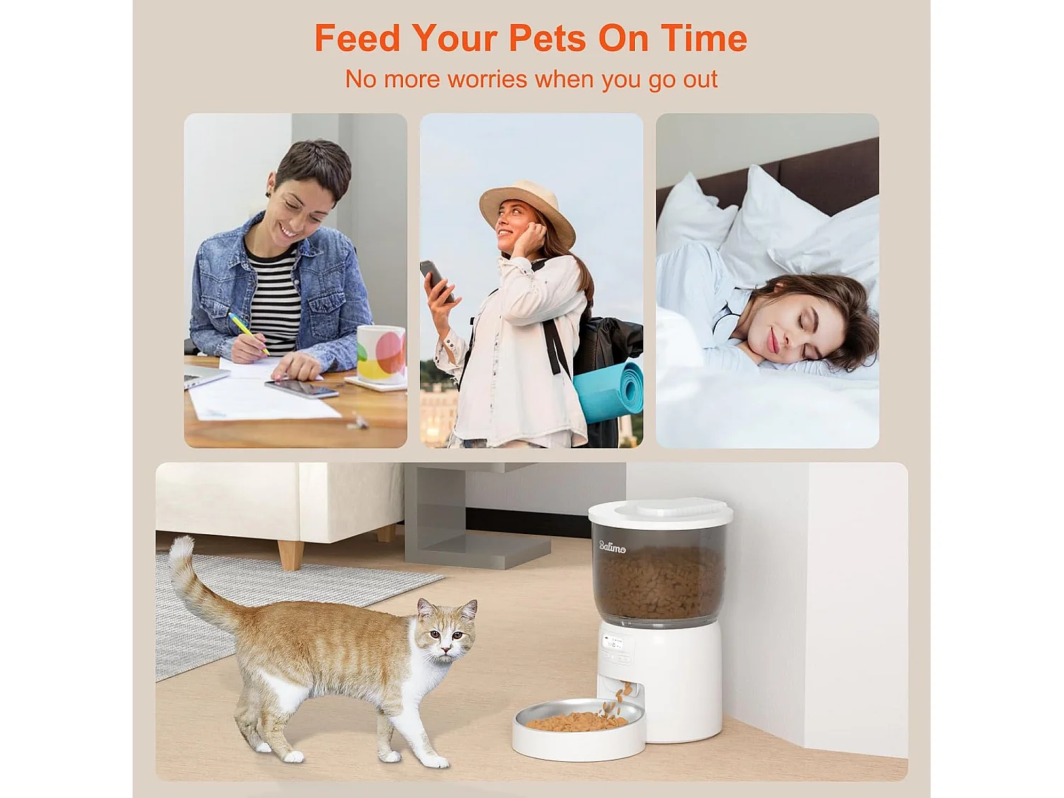 Balimo 3L Dispensador Croquetas Blanca para Gato/ChieN, Temporizador Programable/Función de Grabación,con Bol de Acero Inoxidable,Hasta 6 Comidas/Día