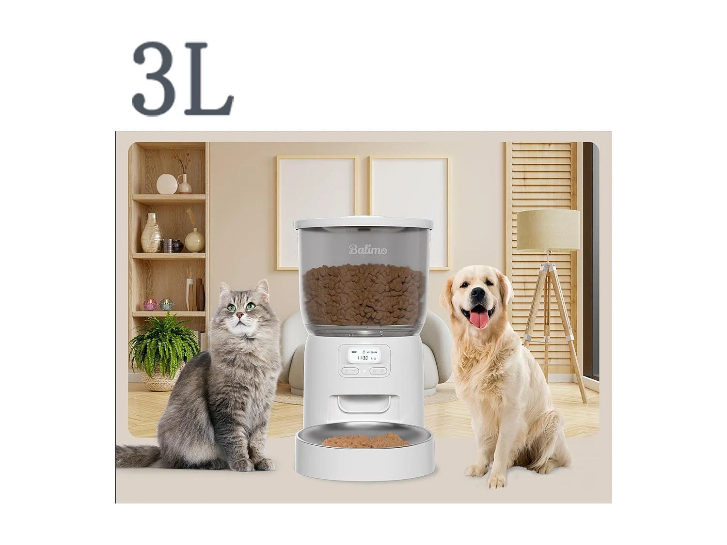 Balimo 3L Dispensador Croquetas Blanca para Gato/ChieN, Temporizador Programable/Función de Grabación,con Bol de Acero Inoxidable,Hasta 6 Comidas/Día