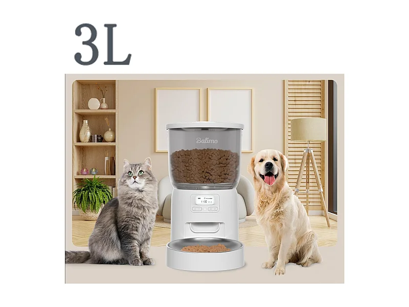 Balimo 3L Distributeur de Croquettes Blanc pour Chat/Chien, ,Minuterie Programmable/Fonction Enregistrement,avec Bol en Inox,Jusqu'à 6 Repas/Jour