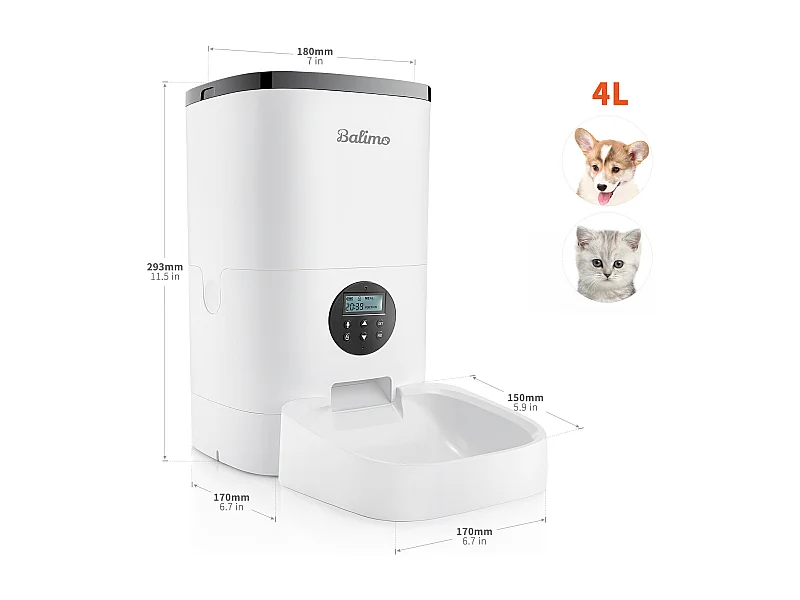 Balimo 4L Futterspender für Katzen/Hunde, mit Netzteil/Batterie ​Futterspender mit LCD-Bildschirm, 10-Sekunden-Sprachaufzeichnung, Timer, weiß