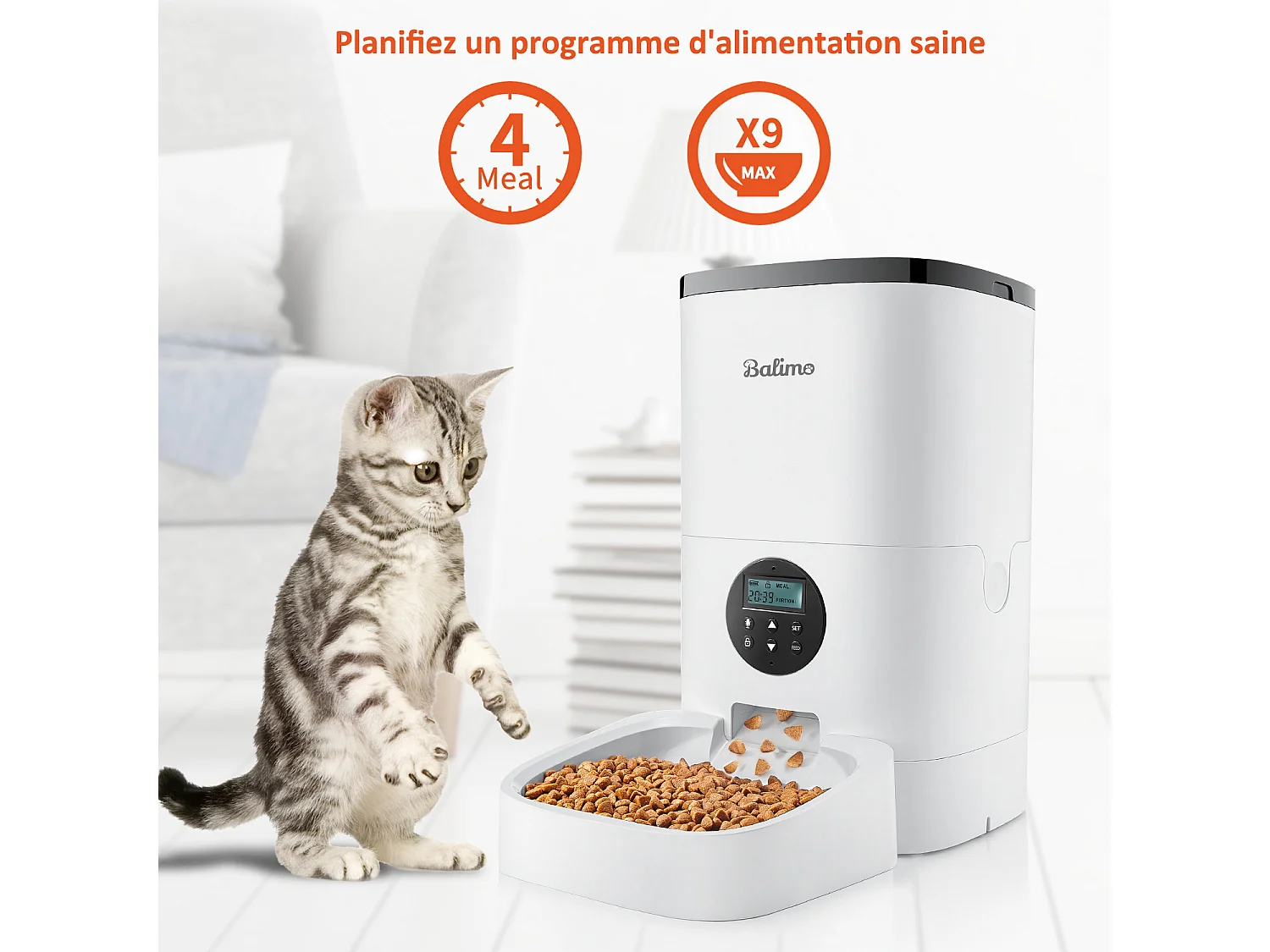 Balimo 4L Futterspender für Katzen/Hunde, mit Netzteil/Batterie Futterspender mit LCD-Bildschirm, 10-Sekunden-Sprachaufzeichnung, Timer, weiß