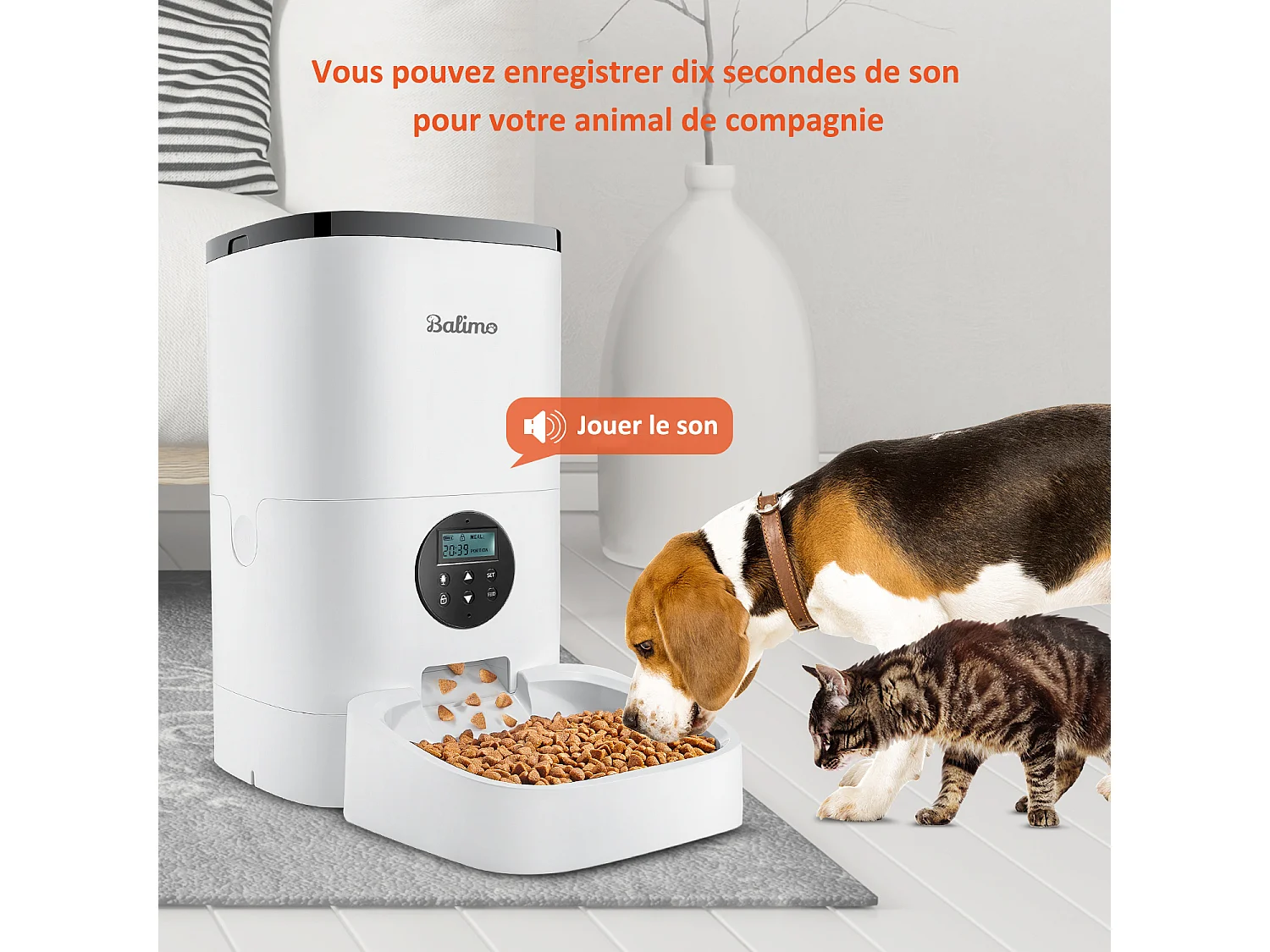 Balimo 4L Futterspender für Katzen/Hunde, mit Netzteil/Batterie Futterspender mit LCD-Bildschirm, 10-Sekunden-Sprachaufzeichnung, Timer, weiß
