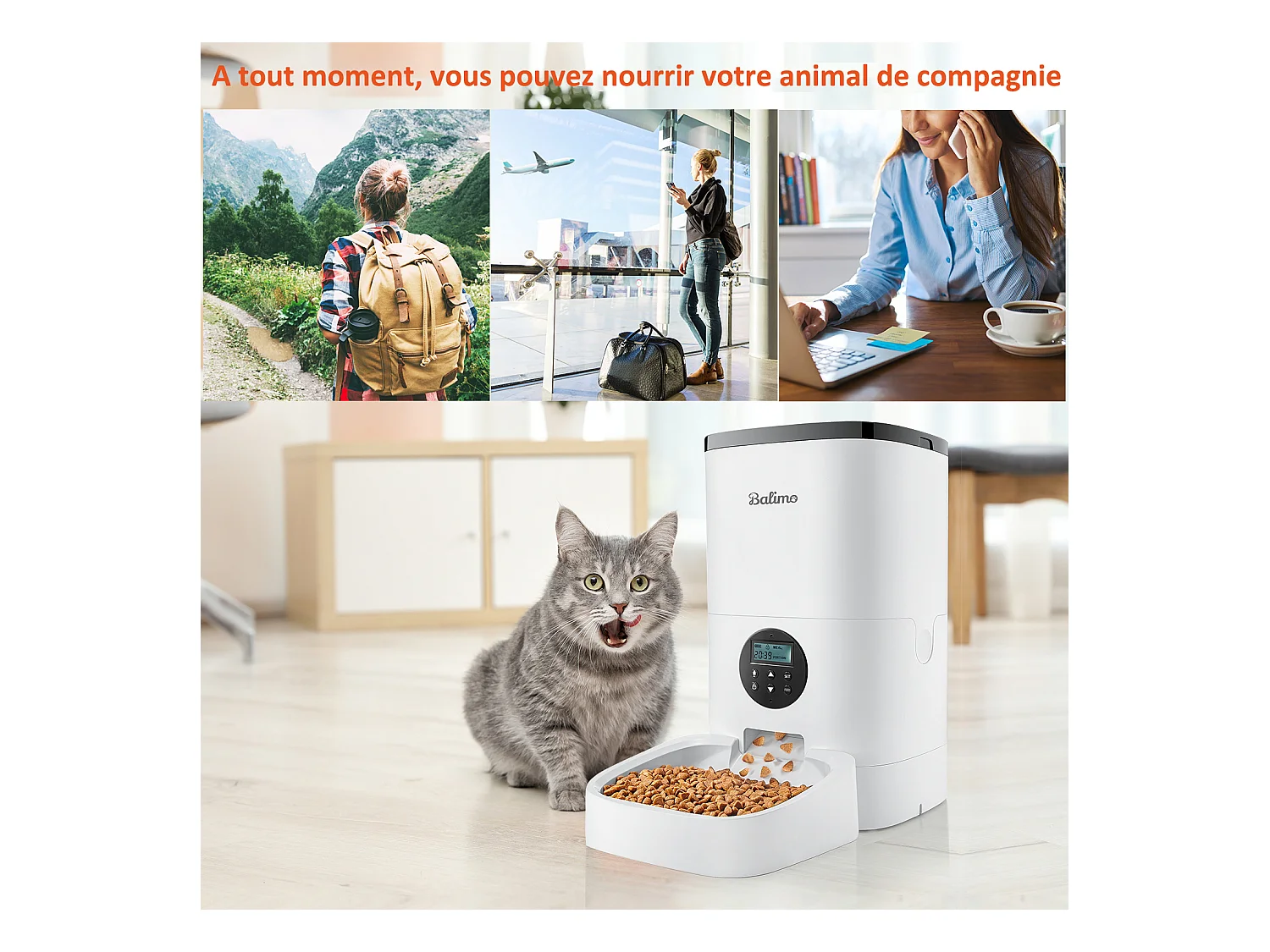 Balimo 4L Futterspender für Katzen/Hunde, mit Netzteil/Batterie Futterspender mit LCD-Bildschirm, 10-Sekunden-Sprachaufzeichnung, Timer, weiß