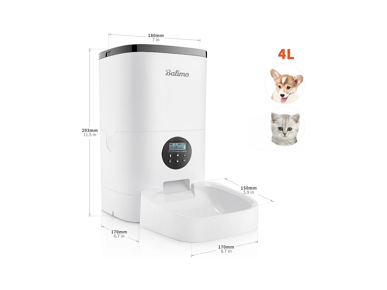 Balimo 4LDistributeur de Croquettes Chats/Chiens,avec Adaptateur Secteur/Batterie ​Mangeoire avec Écran LCD,Enregistrement Vocal 10S ,minuterie,Blanc
