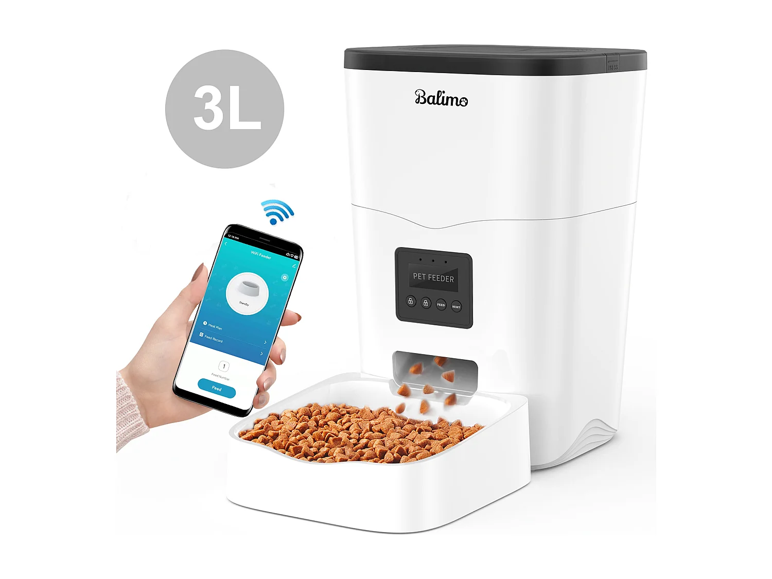 Balimo WIFI 3L Droogvoer Dispenser voor Katten/Honden Afstandsbediening Mobiele Telefoon LCD, Voedingsadapter/Batterij Adapter, Opnamefunctie