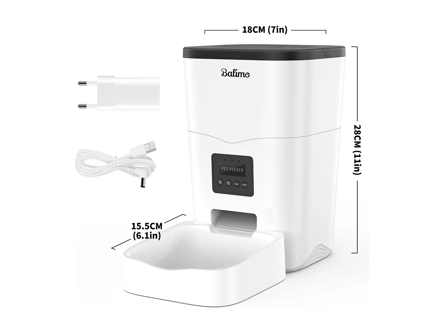 Balimo WIFI 3L Droogvoer Dispenser voor Katten/Honden Afstandsbediening Mobiele Telefoon LCD, Voedingsadapter/Batterij Adapter, Opnamefunctie