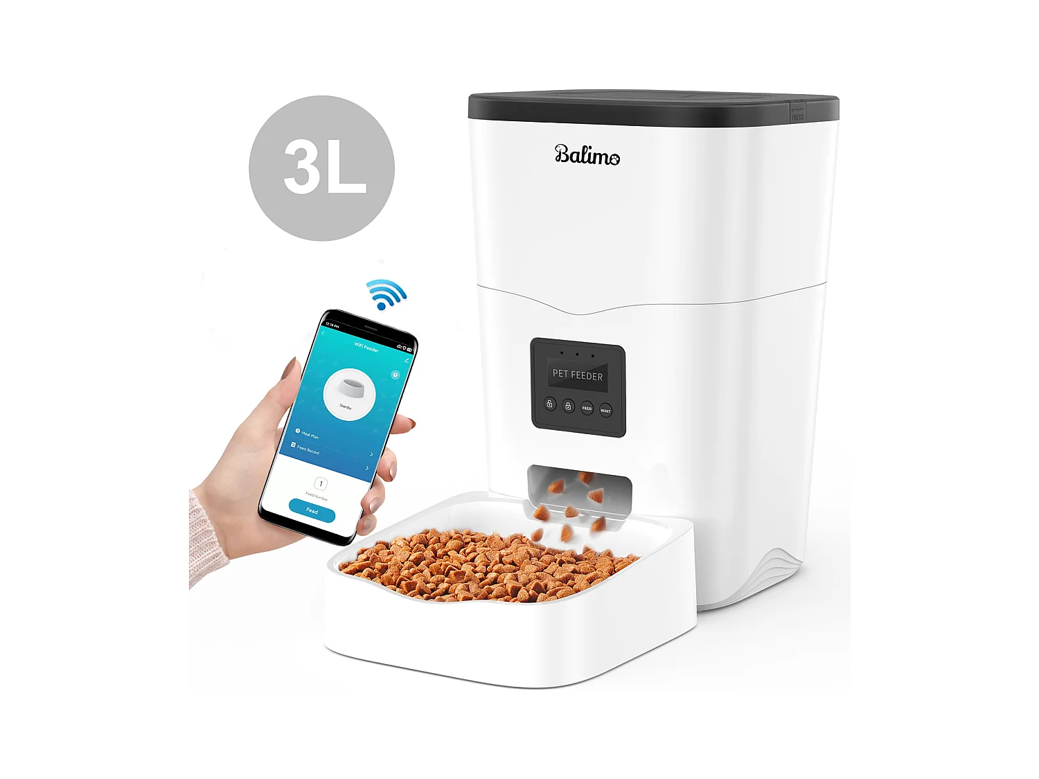 Balimo WIFI Distributeur de Croquettes 3L pour Chats/Chiens Télécommande Téléphone portable LCD,Adaptateur Secteur/Batterie,Fonction d'enregistrement