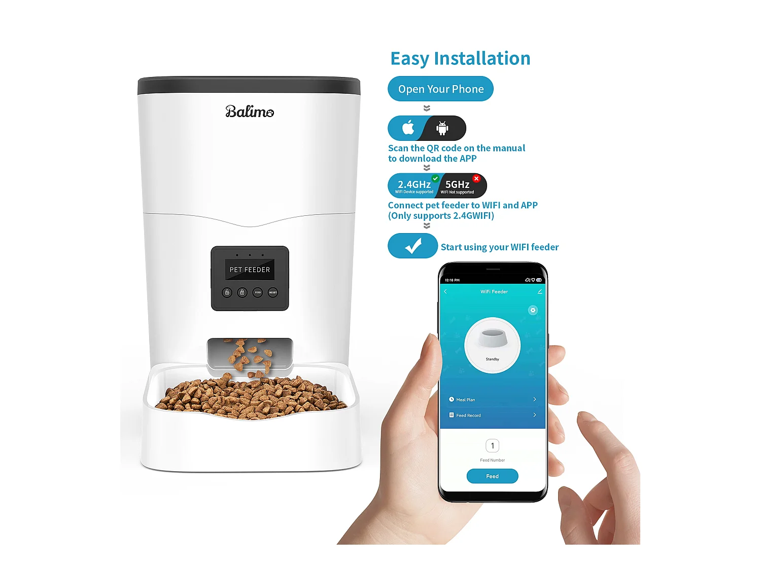 Balimo WIFI 3L Droogvoer Dispenser voor Katten/Honden Afstandsbediening Mobiele Telefoon LCD, Voedingsadapter/Batterij Adapter, Opnamefunctie