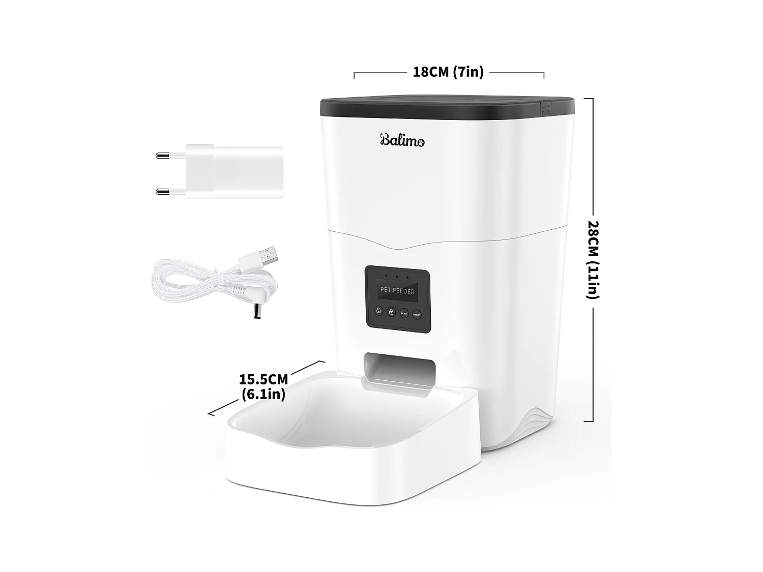 Balimo WIFI 3L Droogvoer Dispenser voor Katten/Honden Afstandsbediening Mobiele Telefoon LCD, Voedingsadapter/Batterij Adapter, Opnamefunctie