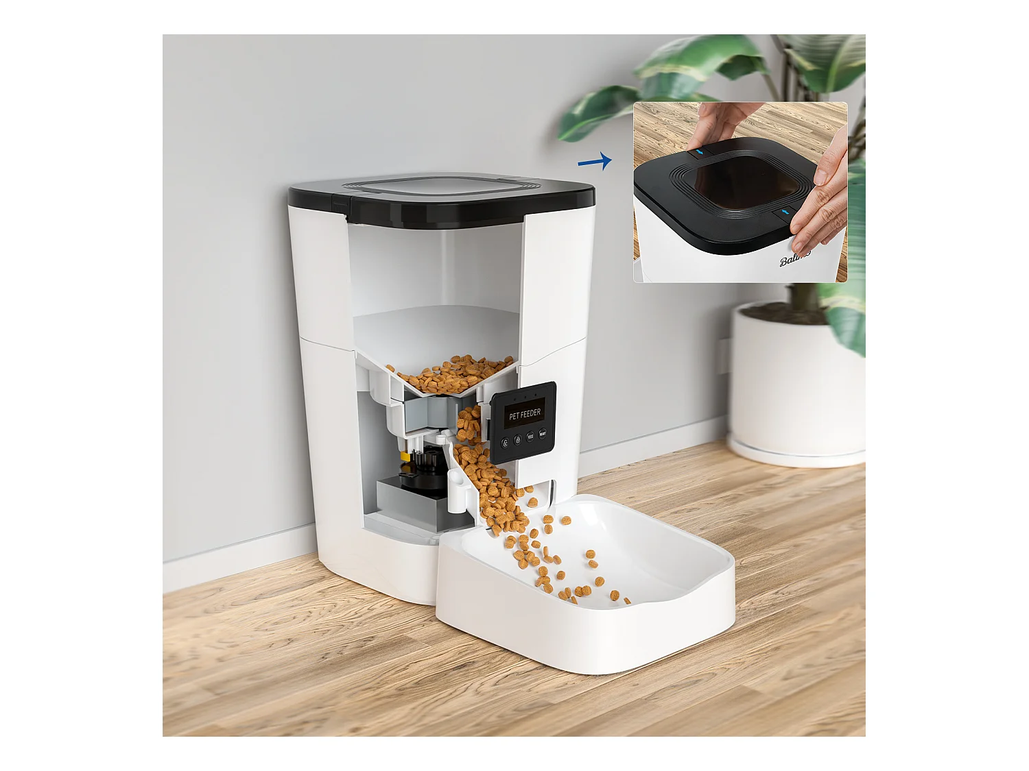 Balimo WIFI 3L Droogvoer Dispenser voor Katten/Honden Afstandsbediening Mobiele Telefoon LCD, Voedingsadapter/Batterij Adapter, Opnamefunctie