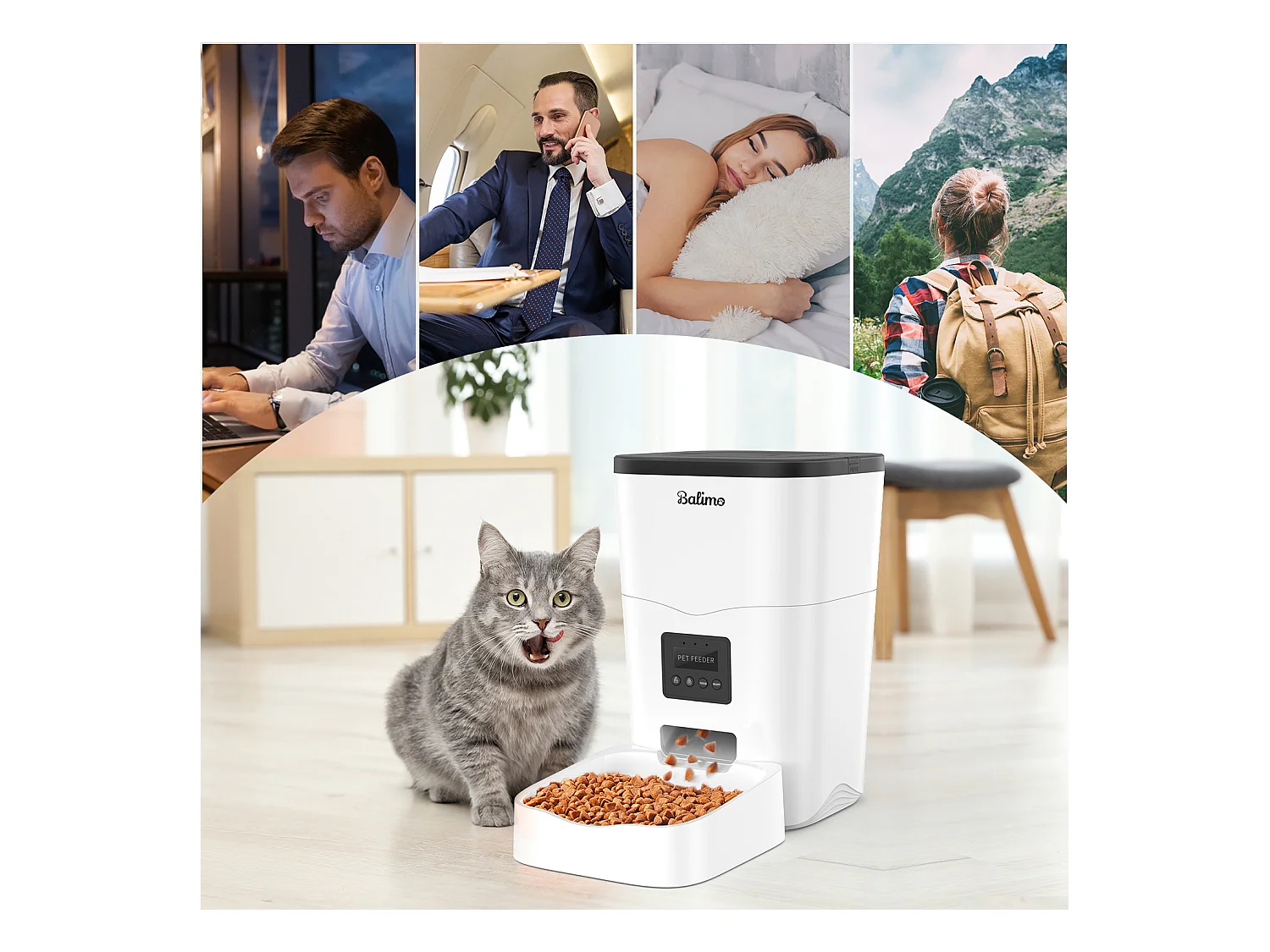 Balimo WIFI 3L Droogvoer Dispenser voor Katten/Honden Afstandsbediening Mobiele Telefoon LCD, Voedingsadapter/Batterij Adapter, Opnamefunctie