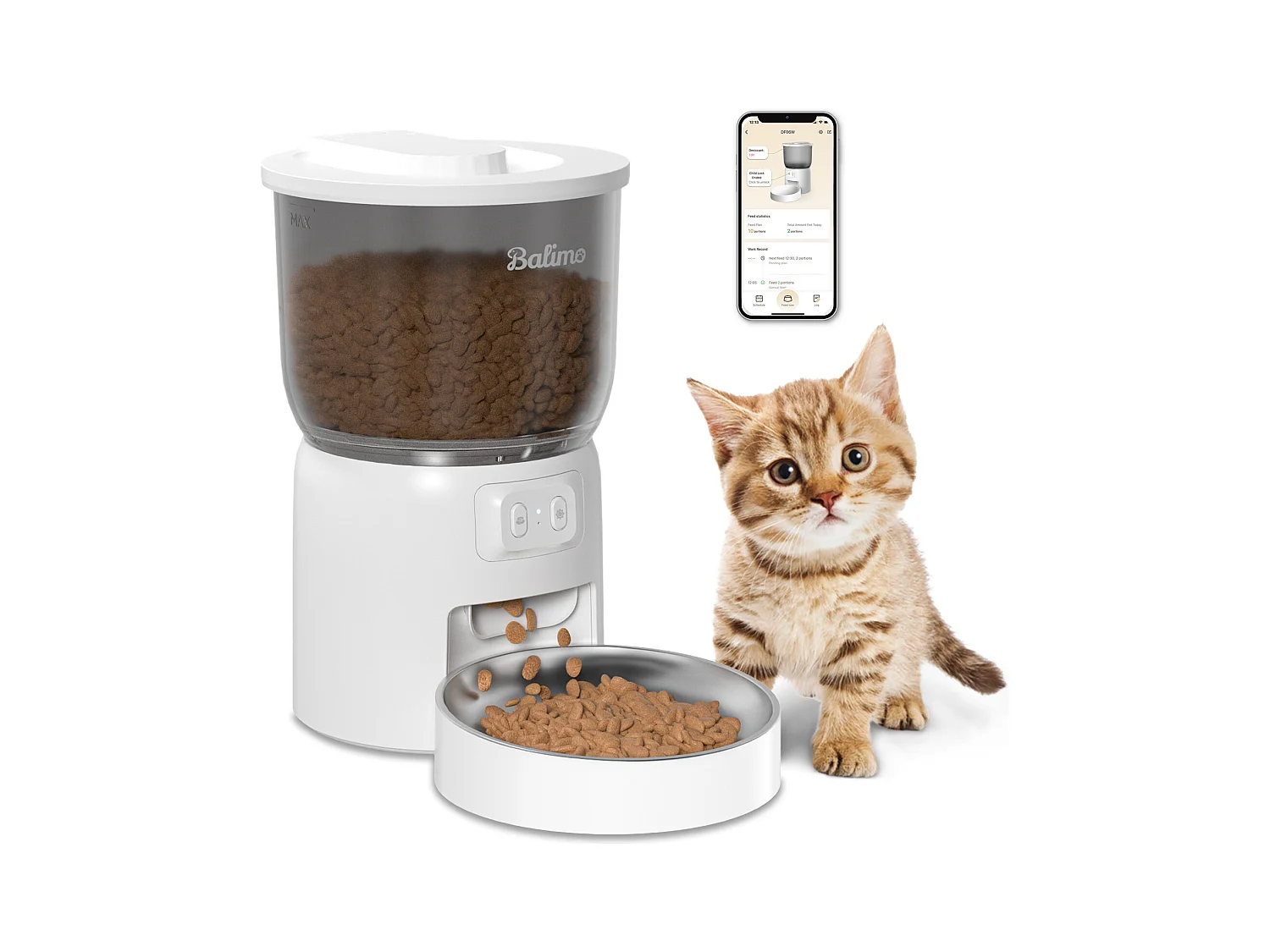 Balimo 3L Automatischer Katzenfutterspender, 2,4G WiFi, 1-10 Mahlzeiten pro Tag, weiß