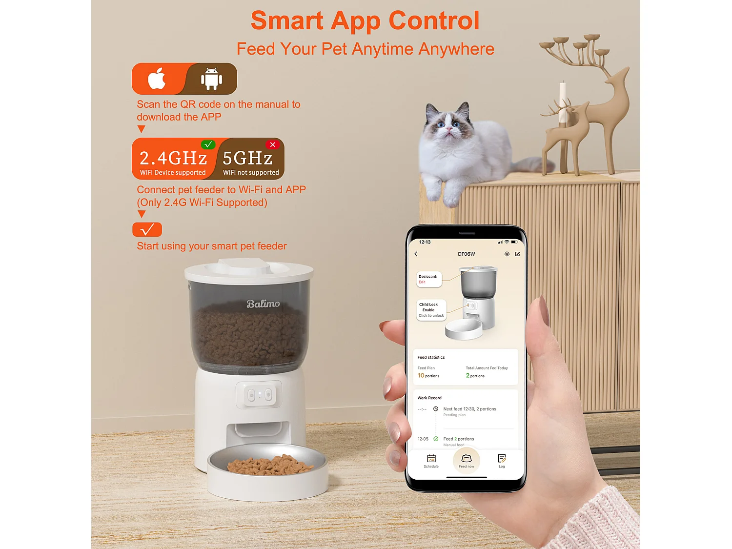 Balimo 3L Automatischer Katzenfutterspender, 2,4G WiFi, 1-10 Mahlzeiten pro Tag, weiß
