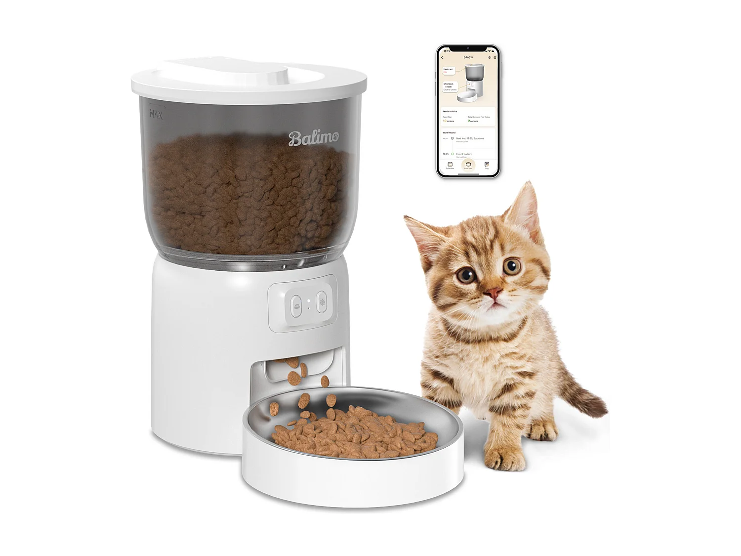 Balimo Dispensador Automático de Comida para Gatos 3L 2.4G WiFi, 1-10 Comidas al Día, Blanco